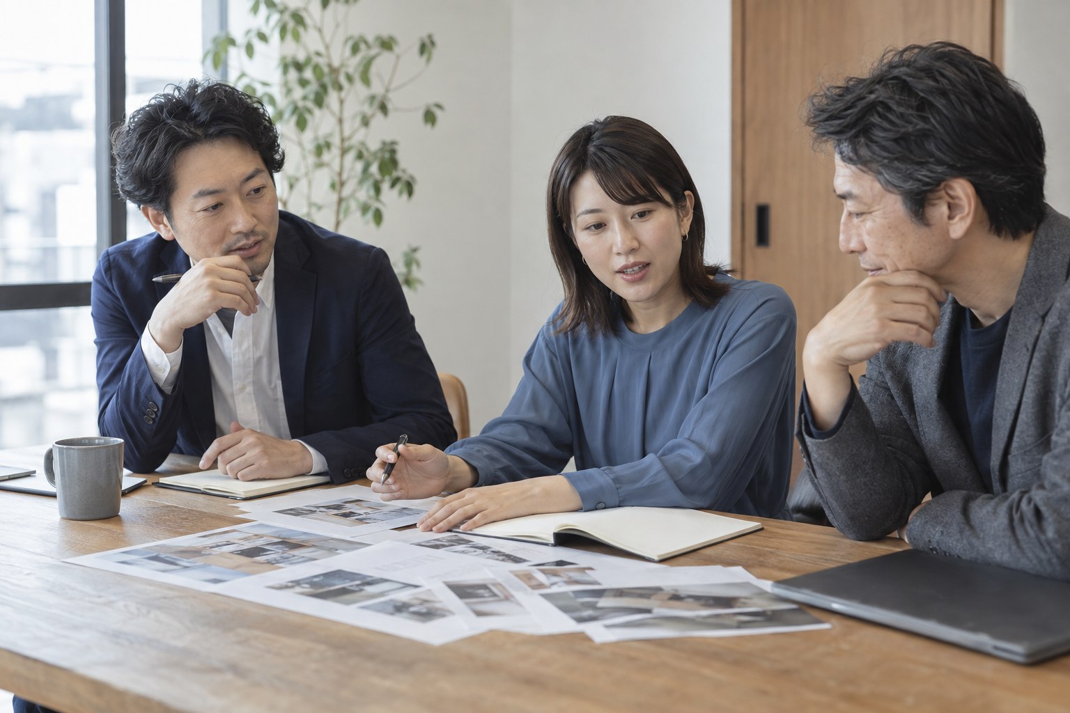 資料を囲んで話し合う日本人のチーム（イメージ）